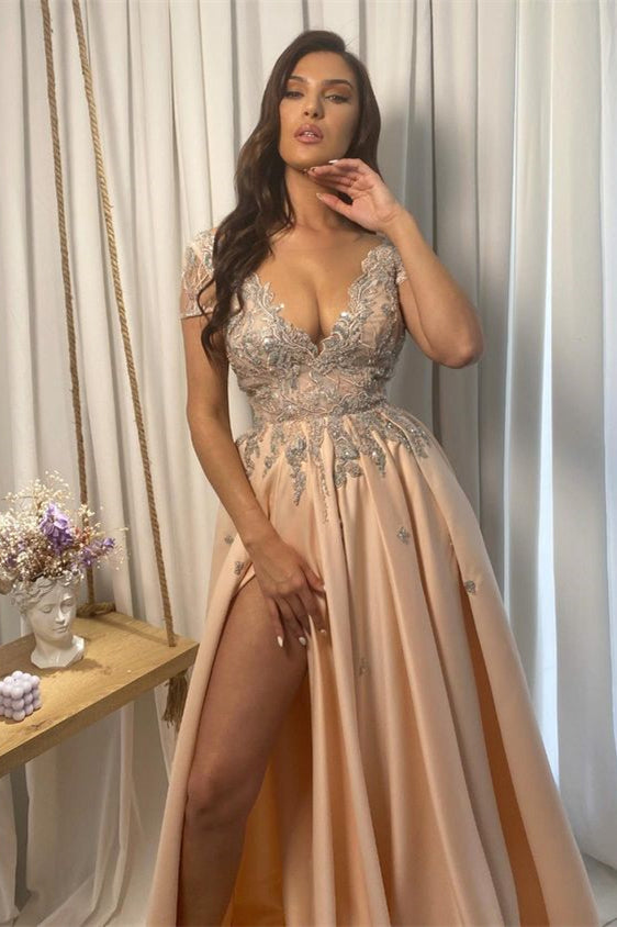 Formal V-Neck Short Sleeves Split Evening Dress With Appliques