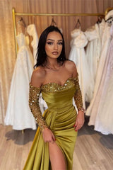Green Sweetheart Applique Long Sleeves With Split Evening Dress