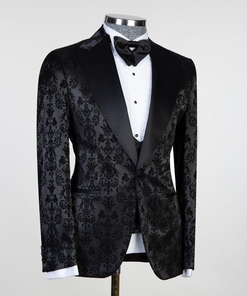 Formal Bespoke Black Peaked Lapel Three-Piece Jacquard Men's Suits