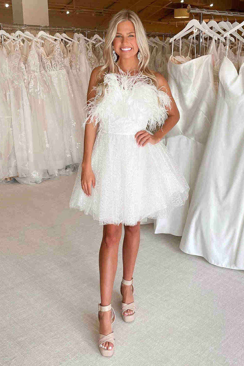 Light Blue A-Line Strapless Homecoming Dress/Mini Dress with Feathers