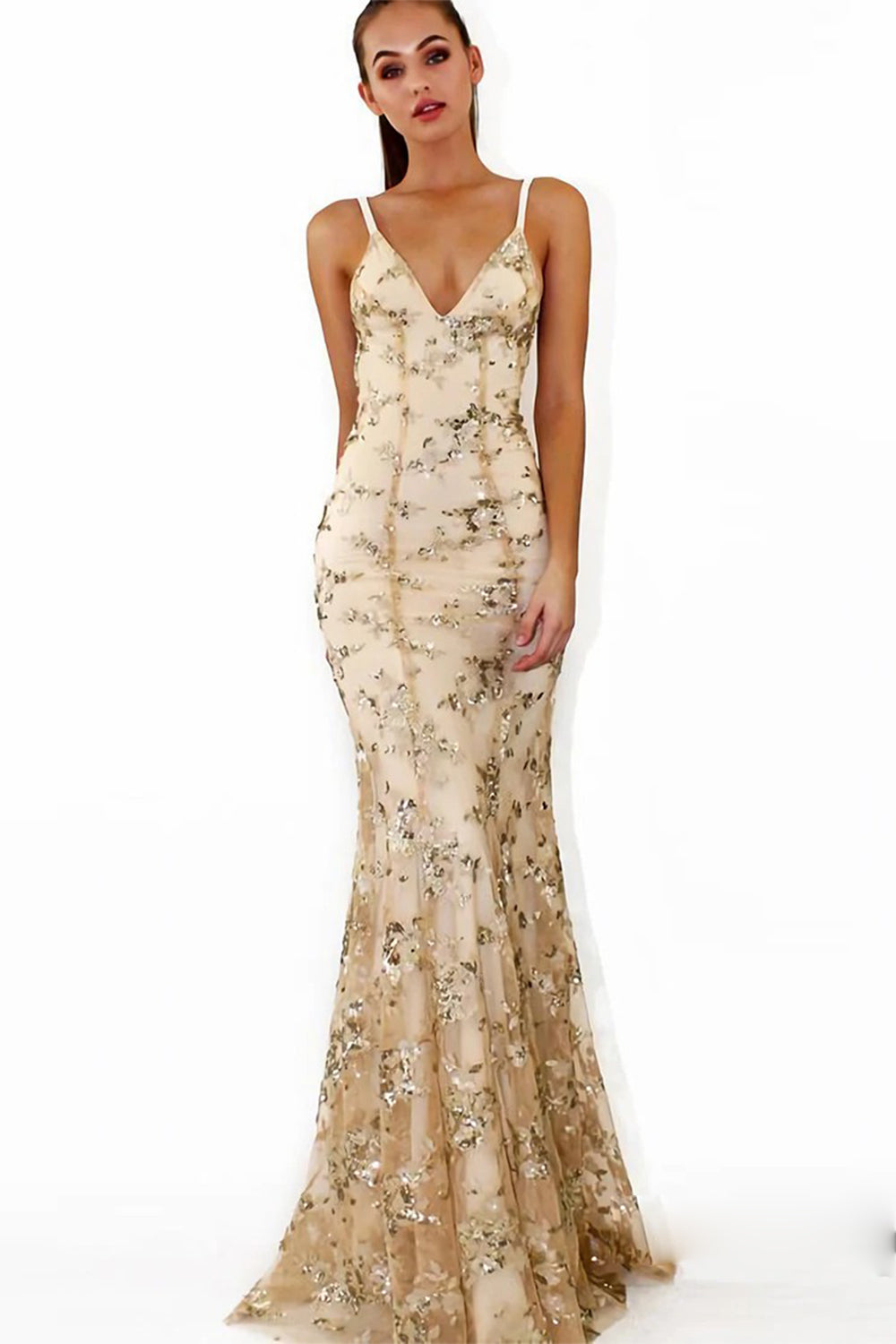 Prom Dress with Spaghetti Straps and Beaded Backless Design