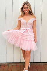 Glitter Fuchsia Tiered A-Line Tulle Corset Short Homecoming Dress/Mini Dress with Lace