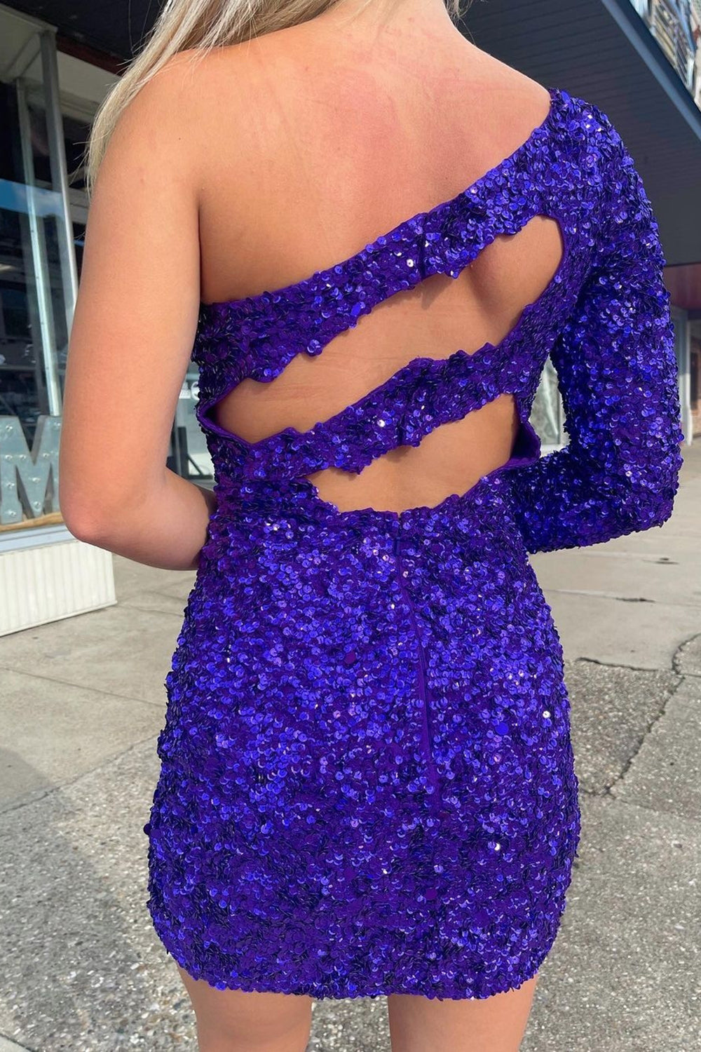 Golden Cut Out Open Back One Shoulder Sequins Homecoming Dress/Mini Dress