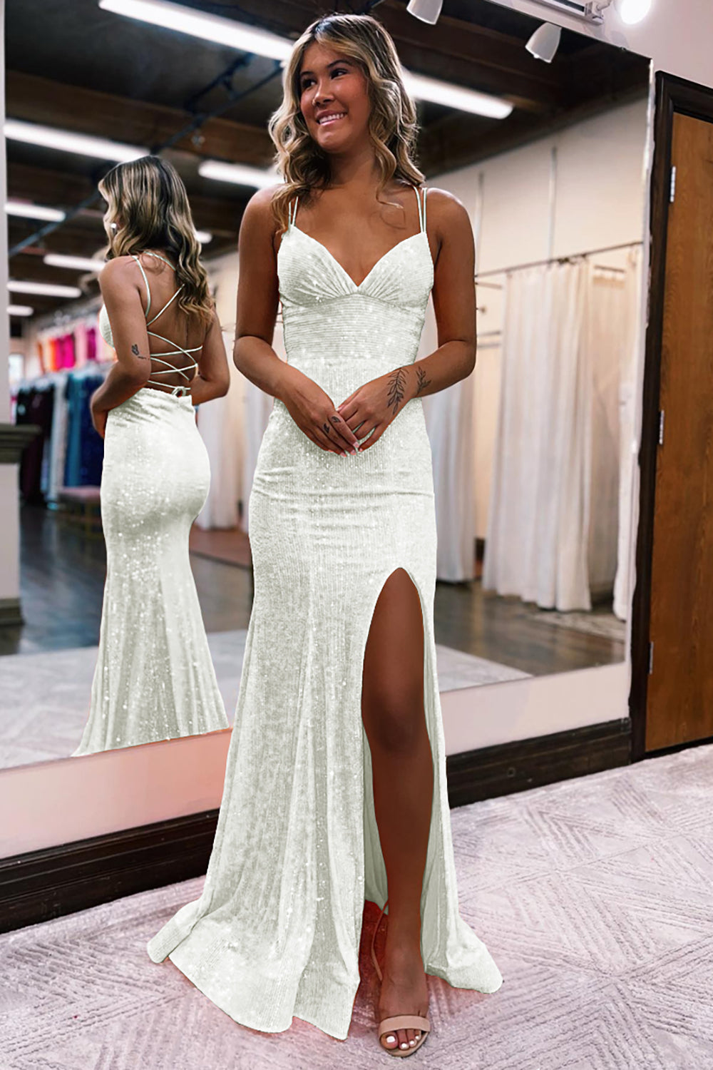 Orange Sequins Long Prom Dress with Mermaid Spaghetti Straps and Front Split