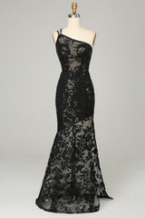 One Shoulder Lace Prom Gown with Sheath Silhouette