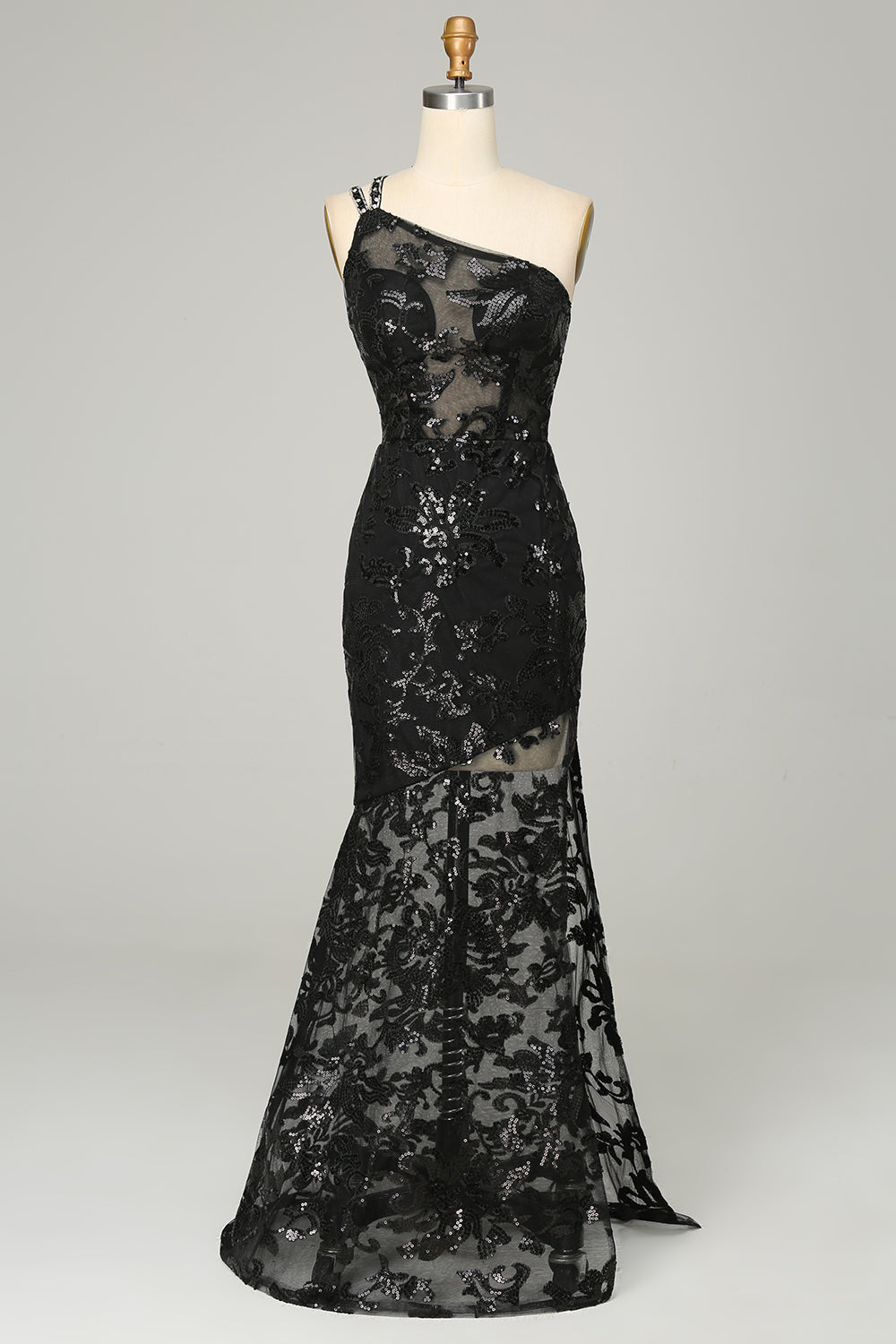 Black Sequined Long Prom Dress with One Shoulder Sheath and Front Split