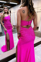 Fuchsia Long One-Shoulder Prom Dress with Beaded Sheath