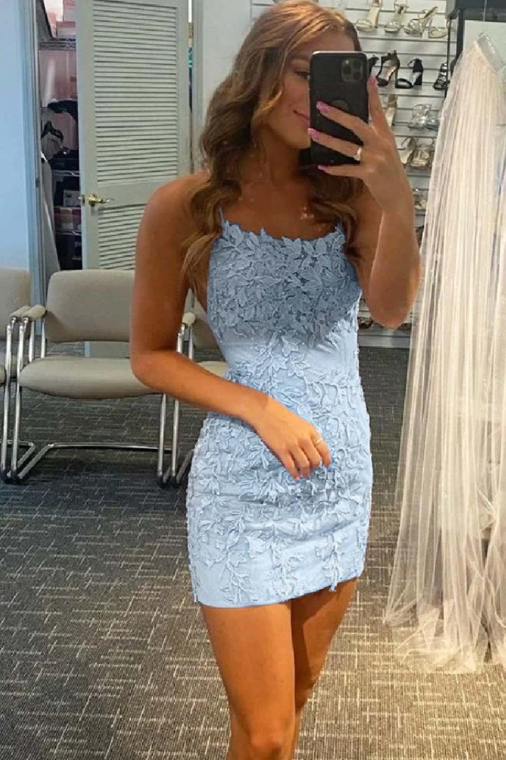 Sky Blue Short Tight Homecoming Dress/Mini Dress with Lace Beading