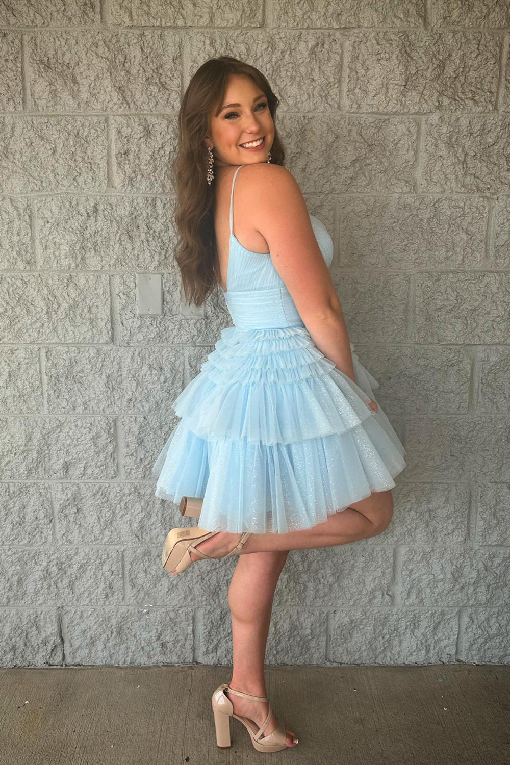 Sparkly Light Blue A-Line Tulle Tiered Short Homecoming Dress/Mini Dress