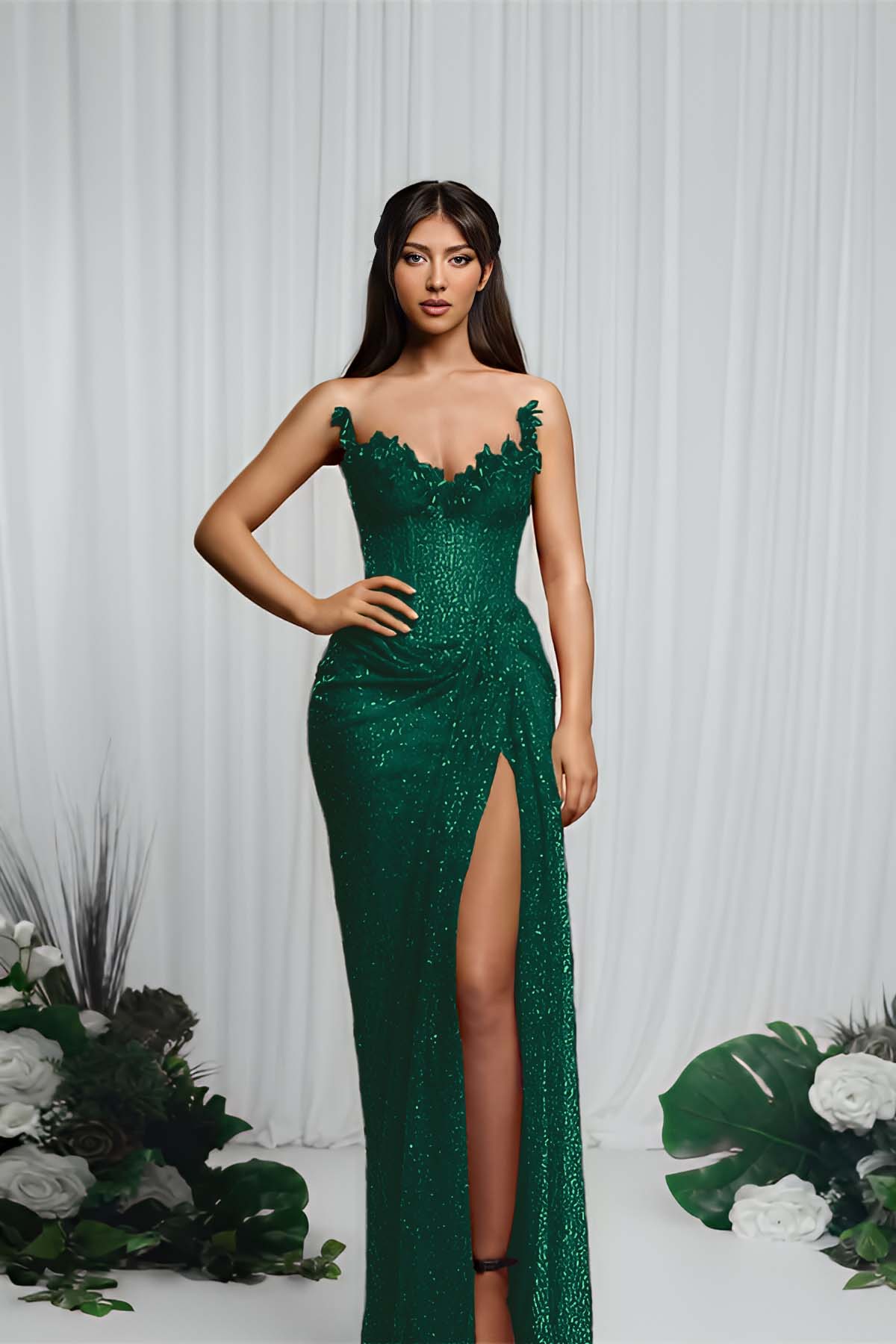 Strapless Sleeveless Mermaid Formal Dress With High Split Pleated