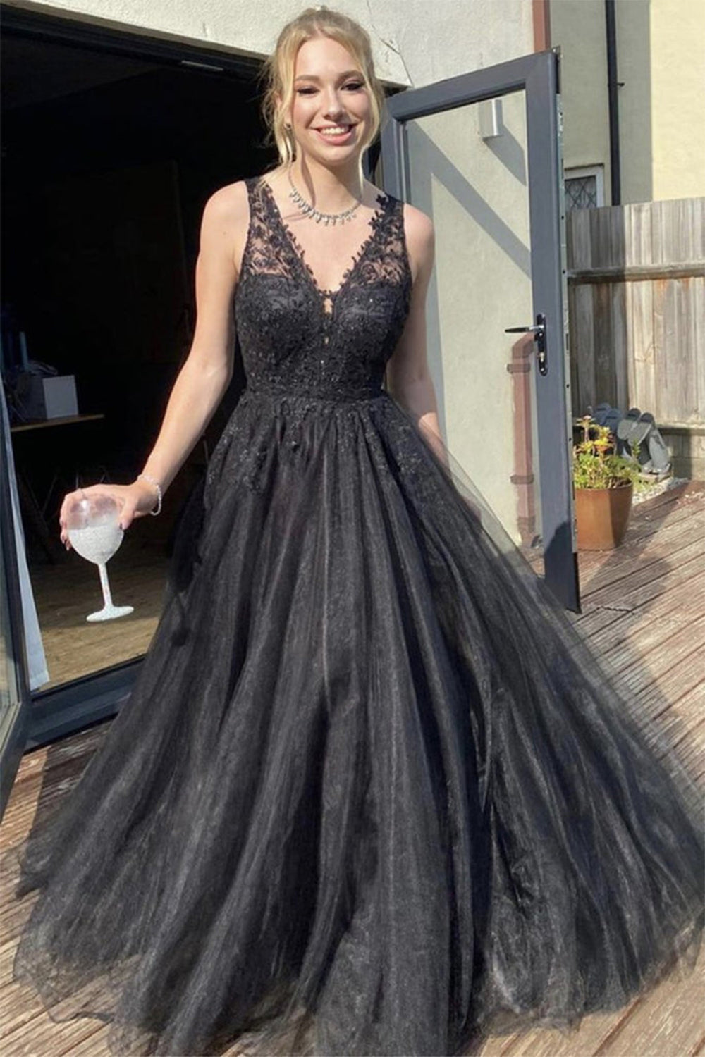 Long Black Prom Dress with V Neckline
