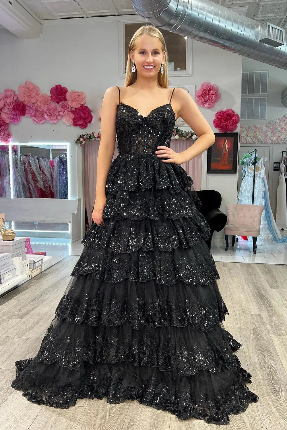 Long Corset Prom Dress in Pink with A Line Silhouette Spaghetti Straps and Sequined Tulle Tiers