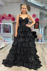 Long Corset Prom Dress in Pink with A Line Silhouette Spaghetti Straps and Sequined Tulle Tiers