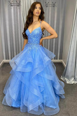 Long Blue Prom Dress with Spaghetti Straps and Appliques in A-Line Style