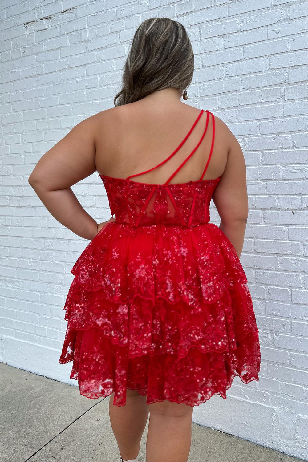 Sparkly Black Tiered Lace One Shoulder Short Homecoming Dress/Mini Dress
