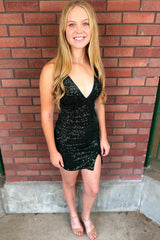 Sparkly Dark Green Sequined Tight Short Homecoming Dress/Mini Dress with Slit