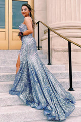 Long Strapless Prom Dress with Sky Blue Sequins