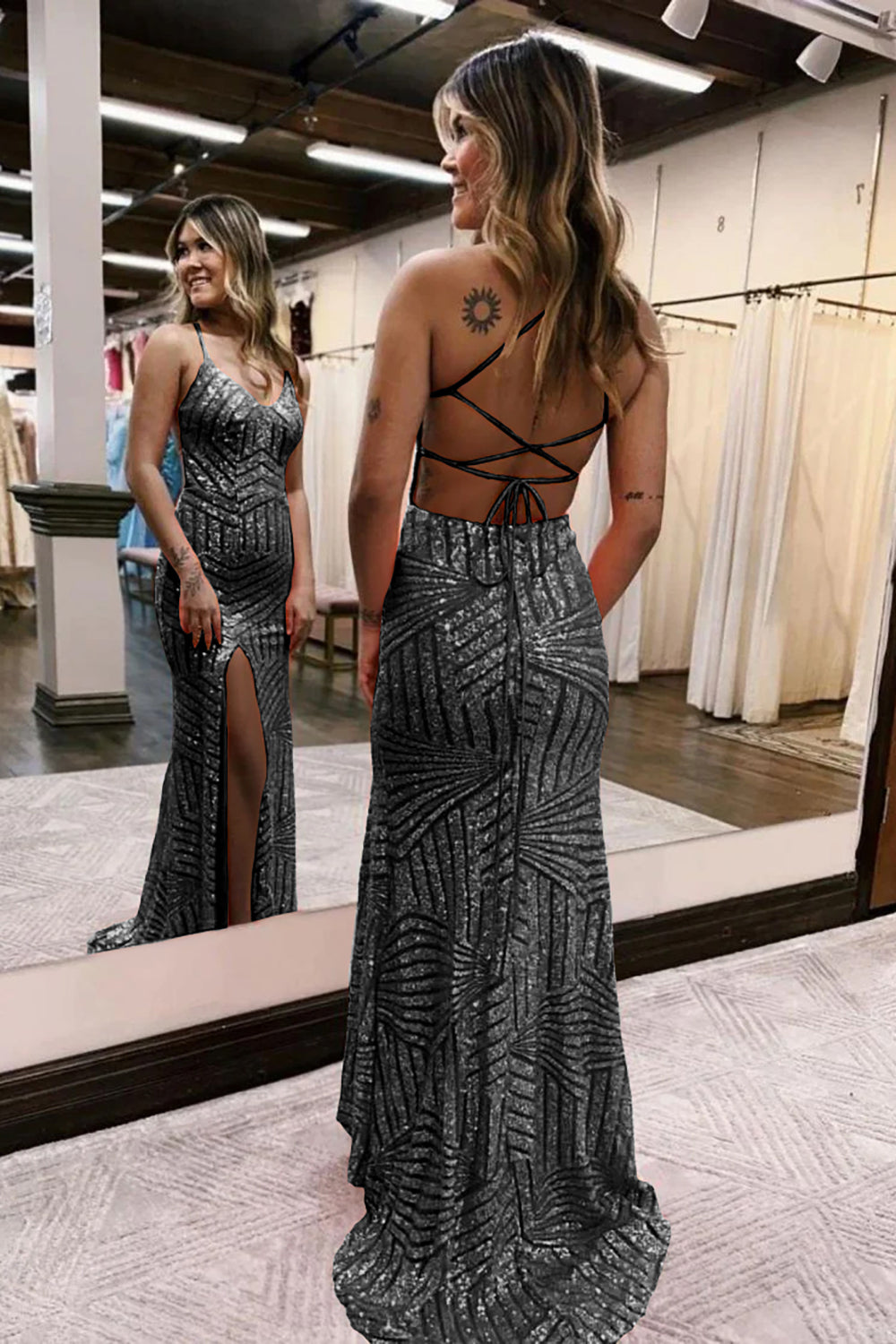 Long Orange Sequined Prom Dress with Criss Cross Back and Sheath Spaghetti Straps