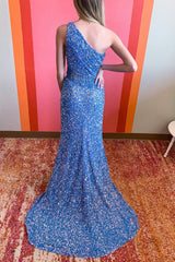 Blue Sequined Long Prom Dress with Mermaid Cut and One Shoulder