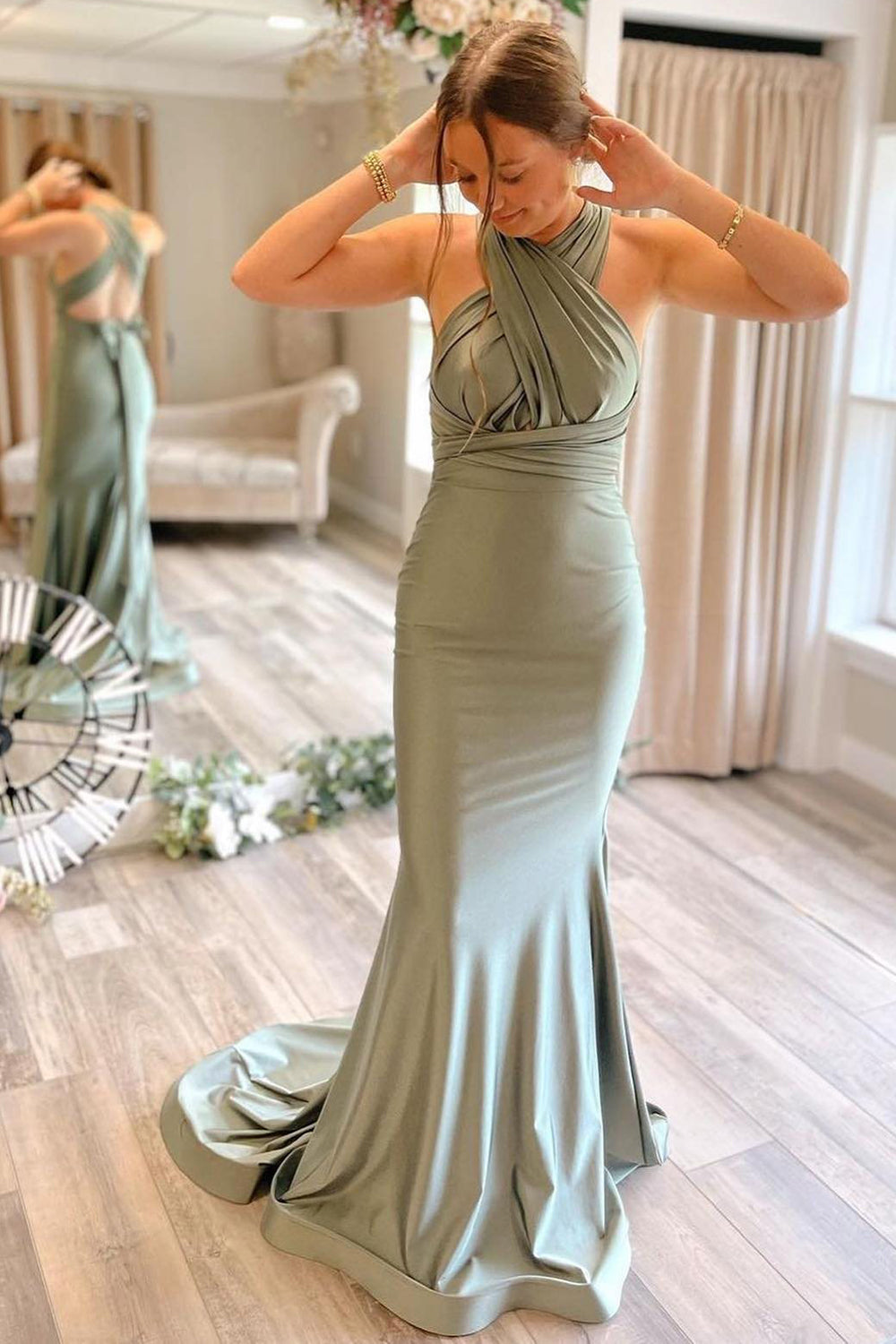 Light Green Mermaid Bridesmaid Dress with Deep V Neck and Open Back