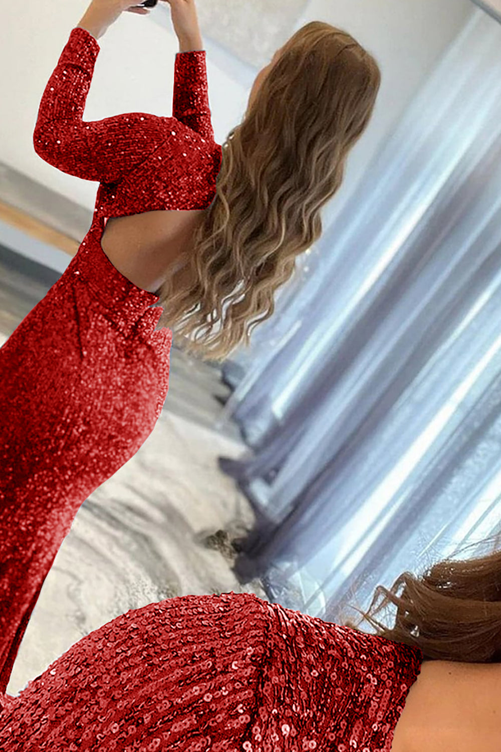 Long Pink Sequins Prom Dress with Deep V Neck and Front Split Sheath