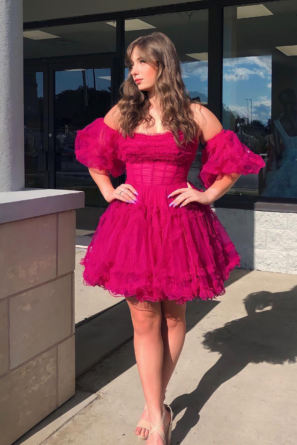 Red Corset Strapless A-Line Short Tulle Homecoming Dress/Mini Dress with Detachable Sleeves