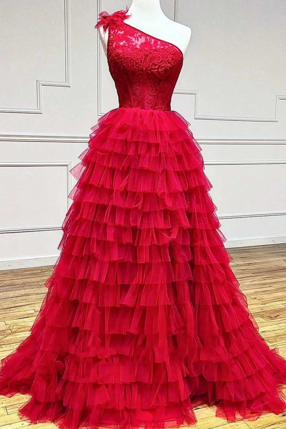 Pink One-Shoulder Corset A-Line Prom Dress with Tiered Ruffles