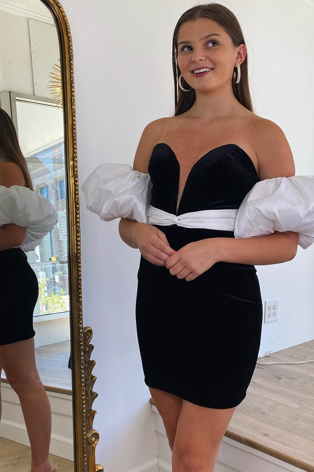 Black Detachable Sleeves Velvet Tight Short Homecoming Dress/Mini Dress