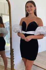 Black Detachable Sleeves Velvet Tight Short Homecoming Dress/Mini Dress