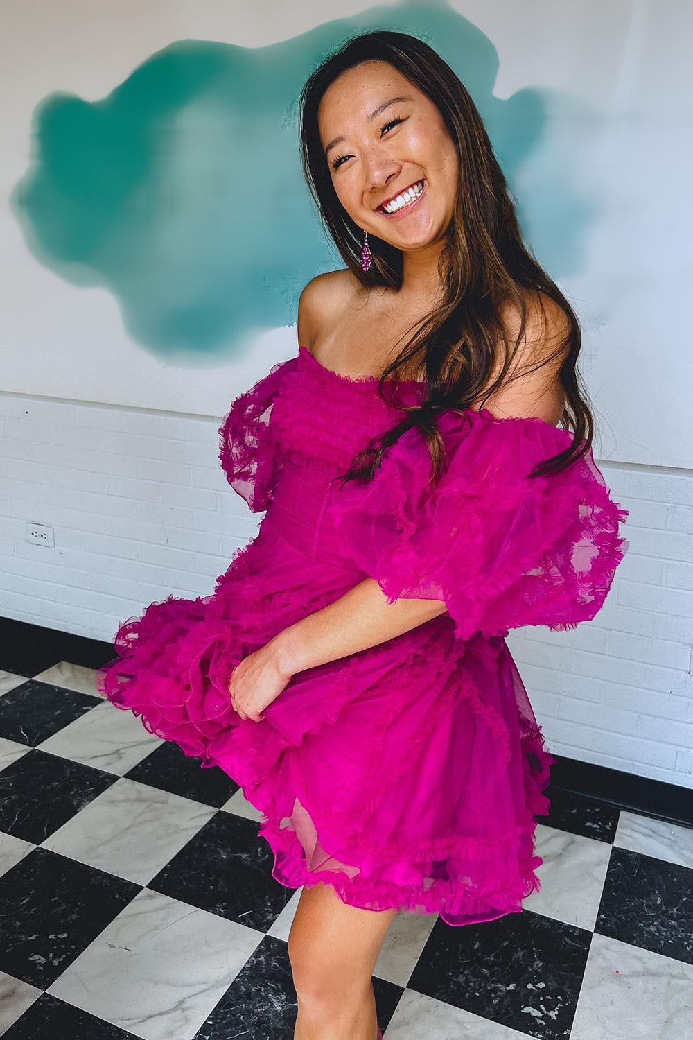 Fuchsia Corset Puff Sleeves A-Line Short Homecoming Dress/Mini Dress with Ruffles