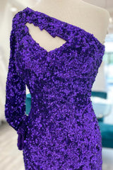Purple Cut Out Open Back One Shoulder Sequins Homecoming Dress/Mini Dress