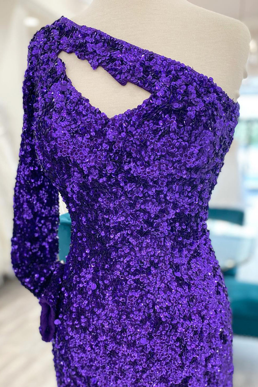 Golden Cut Out Open Back One Shoulder Sequins Homecoming Dress/Mini Dress