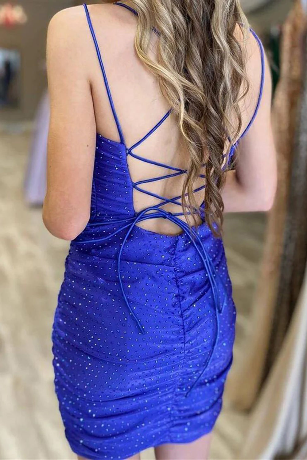 Sparkly Navy Sequined Lace-Up Back Tight Homecoming Dress/Mini Dress