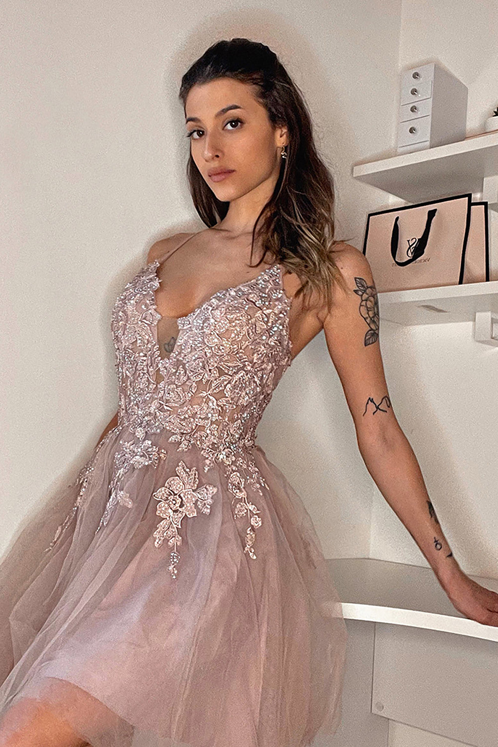 Blush A-Line Tulle Short Homecoming Dress/Mini Dress with Appliques