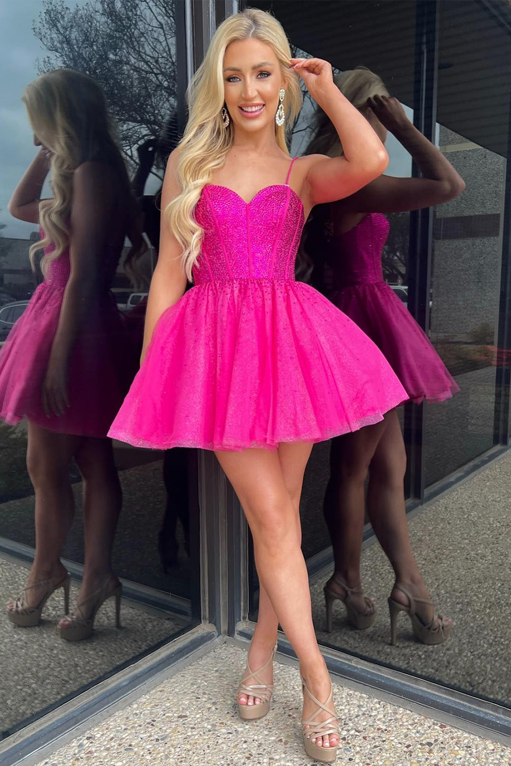Sparkly Fuchsia Beaded Corset A-Line Short Tulle Homecoming Dress/Mini Dress