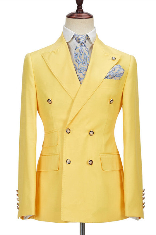 Casual Yellow Double-Breasted Prom Outfits for Guys with Peaked Lapel