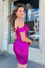Sparkly Hot Pink Detachable Off the Shoulder Sequins Tight Homecoming Dress/Mini Dress