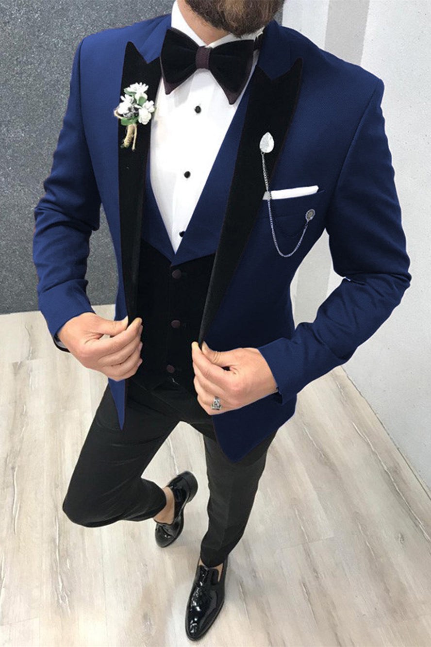 New Arrival Black-and-Blue Peak Lapel Blazer Three-Piece for Men's Wedding
