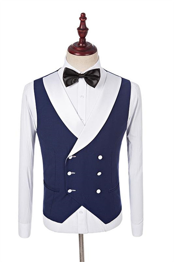Navy Blue Three-Piece Fashion Slim Fit White Shawl Lapel with One Button