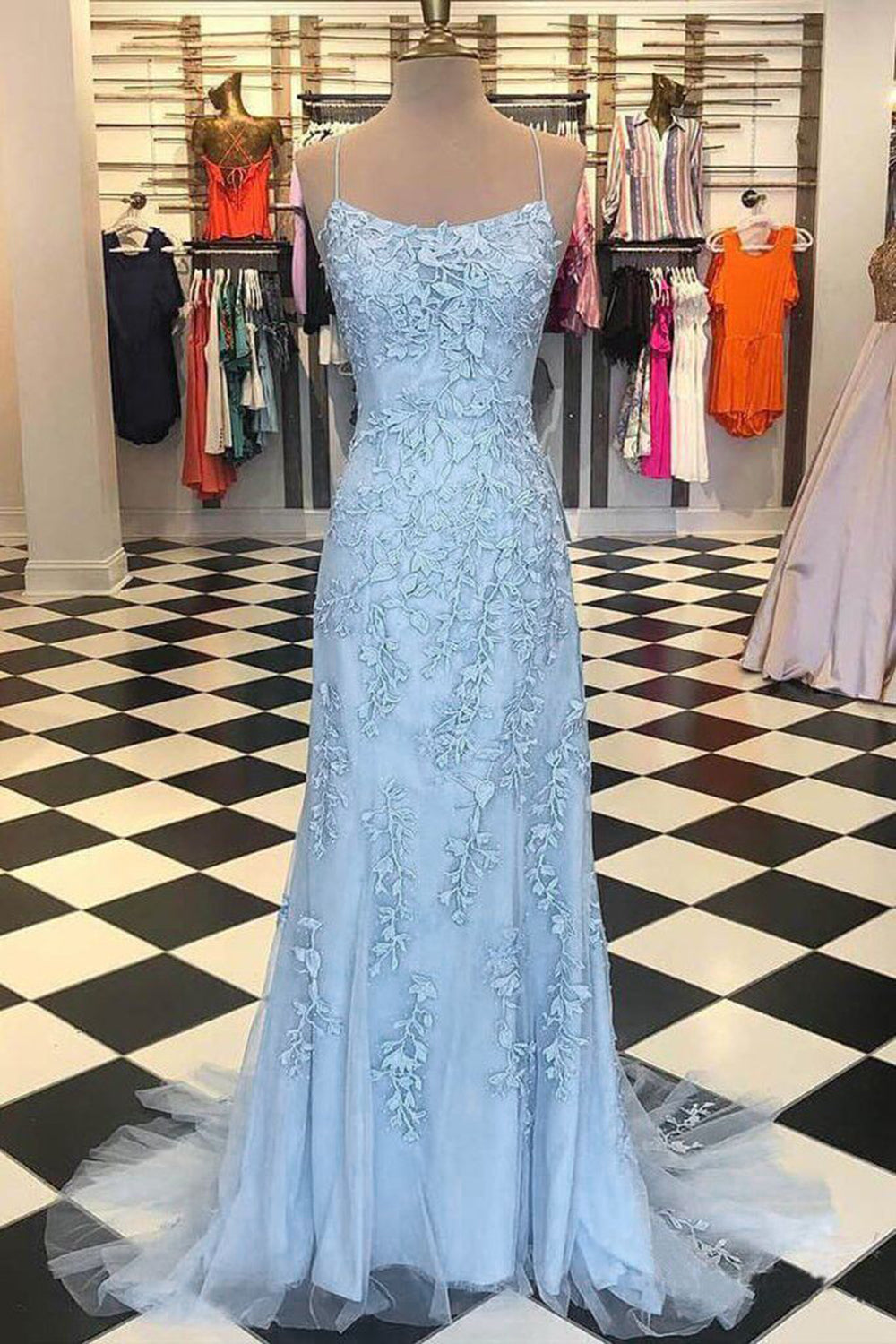Prom Dress with Blue Spaghetti Straps and Backless Appliques