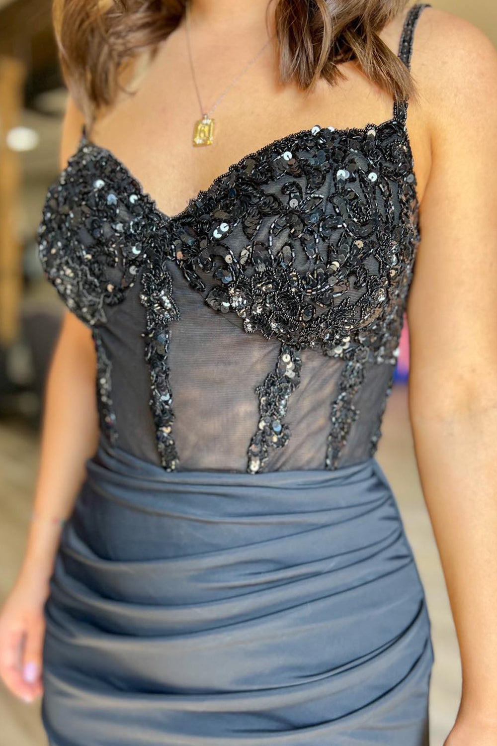 Glitter Black Corset Satin Asymmetrical Tight Short Homecoming Dress/Mini Dress with Sequins