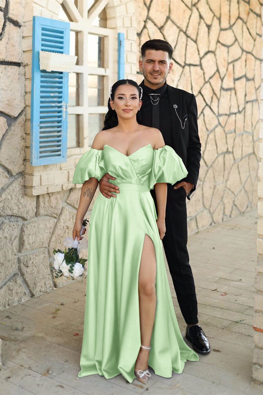 Off-The-Shoulder Dusty Blue Puff Sleeves Evening Dress With Front Split Sweetheart
