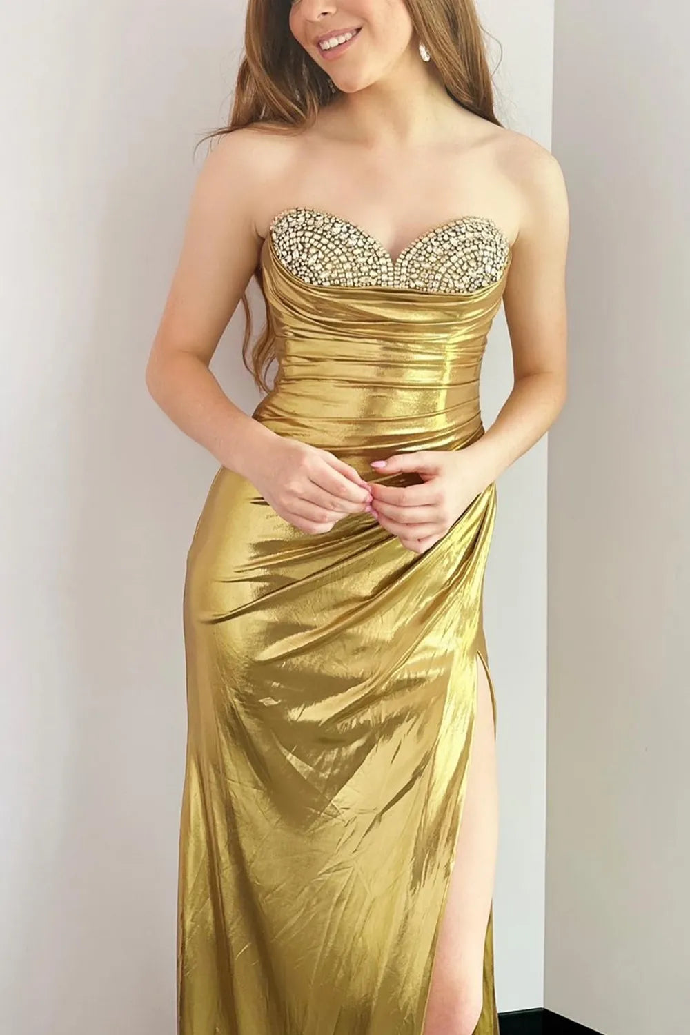 Long Strapless Prom Dress in Silver Metallic with Mermaid Cut and Beading