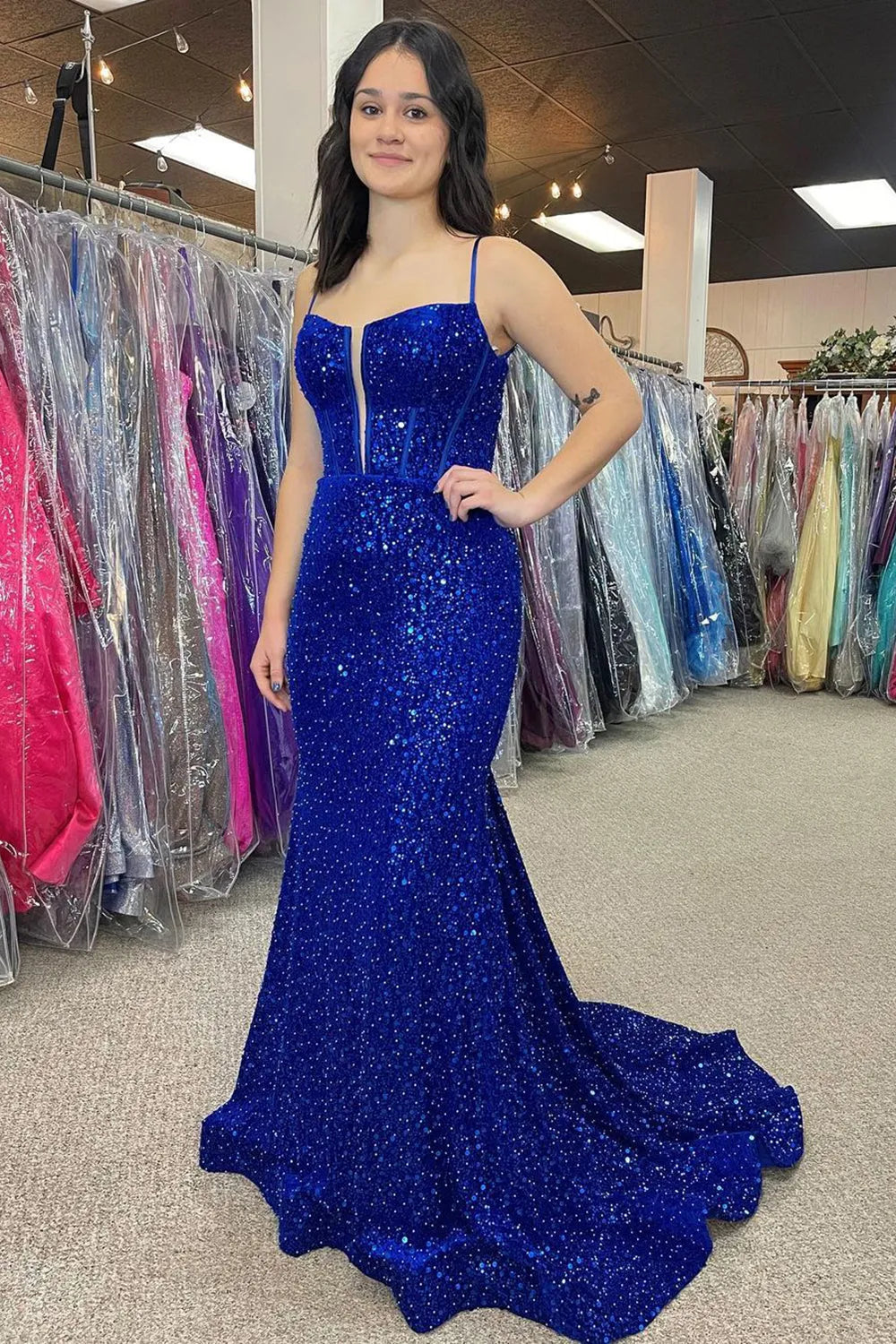 Long Red Corset Prom Dress with Spaghetti Straps Sequins and Mermaid Slit