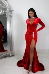 Red Long Formal Dress Long Sleeves Simple With High Split Pleated