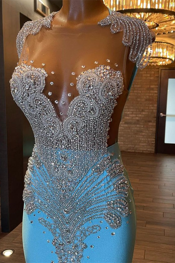 Blue Sleeveless Beading Mermaid Evening Dress