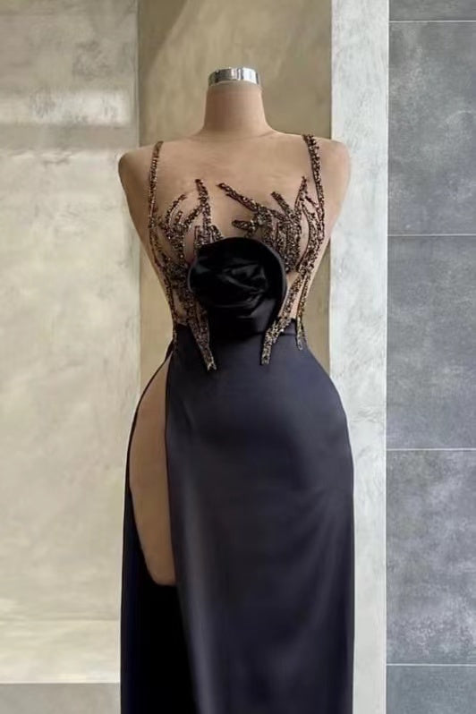 Black Spaghetti-Strap Beadings Sequins Evening Dress Mermaid With Slit