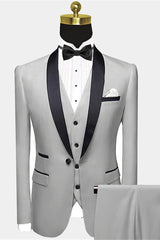 Gentle Silver Grey Shawl Lapel Groomsmen's Wedding Suit with Black Satin Shawl Lapel
