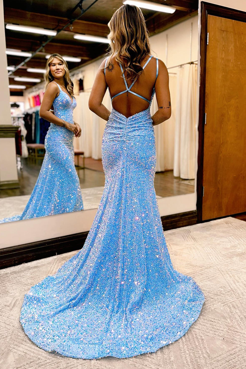 Long Backless Prom Dress with Sparkly Blue Mermaid Sequins – Suzhoudress