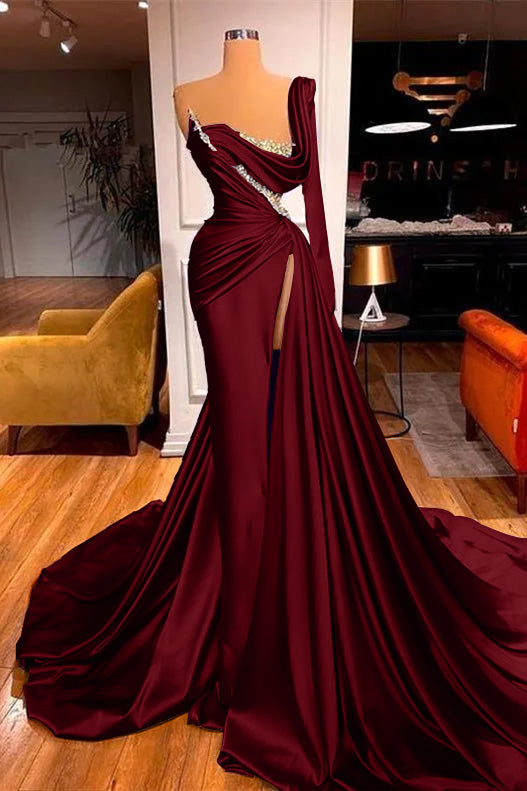 Purple Long Sleeves One-Shoulder Mermaid Beadings Evening Dress Split